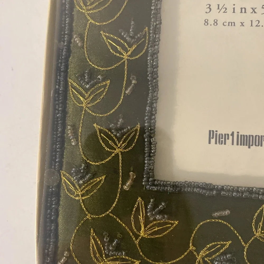Pier 1 Imports Desktop Frame Green Beaded Embroidered Fabric 3.5x5 photo